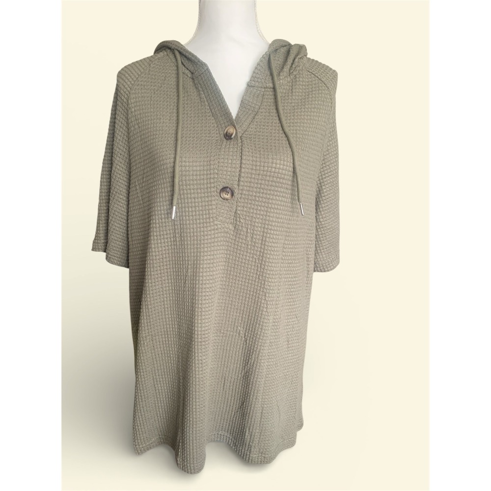 Dokotoo Womens 2XL Olive Green Waffle Knit Short Sleeve Henley Hoodie Pullover